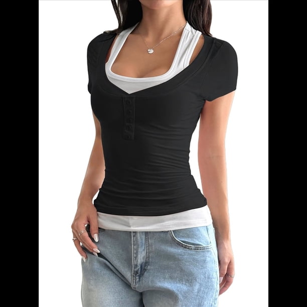 Blusa Informal de Dos Piezas con Botones y Corta Acanalada Henley para Mujer (/Verano 2025) Negro M