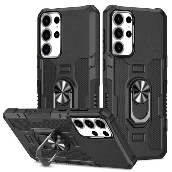 Military Grade Drop Impact for Samsung Galaxy S25 Ultra Rugged Case, 360 Metal Magnetic Car Rotating Ring Kickstand Holder Armor Heavy Duty Shockproof Case For Samsung Galaxy S25 Ultra,Black
