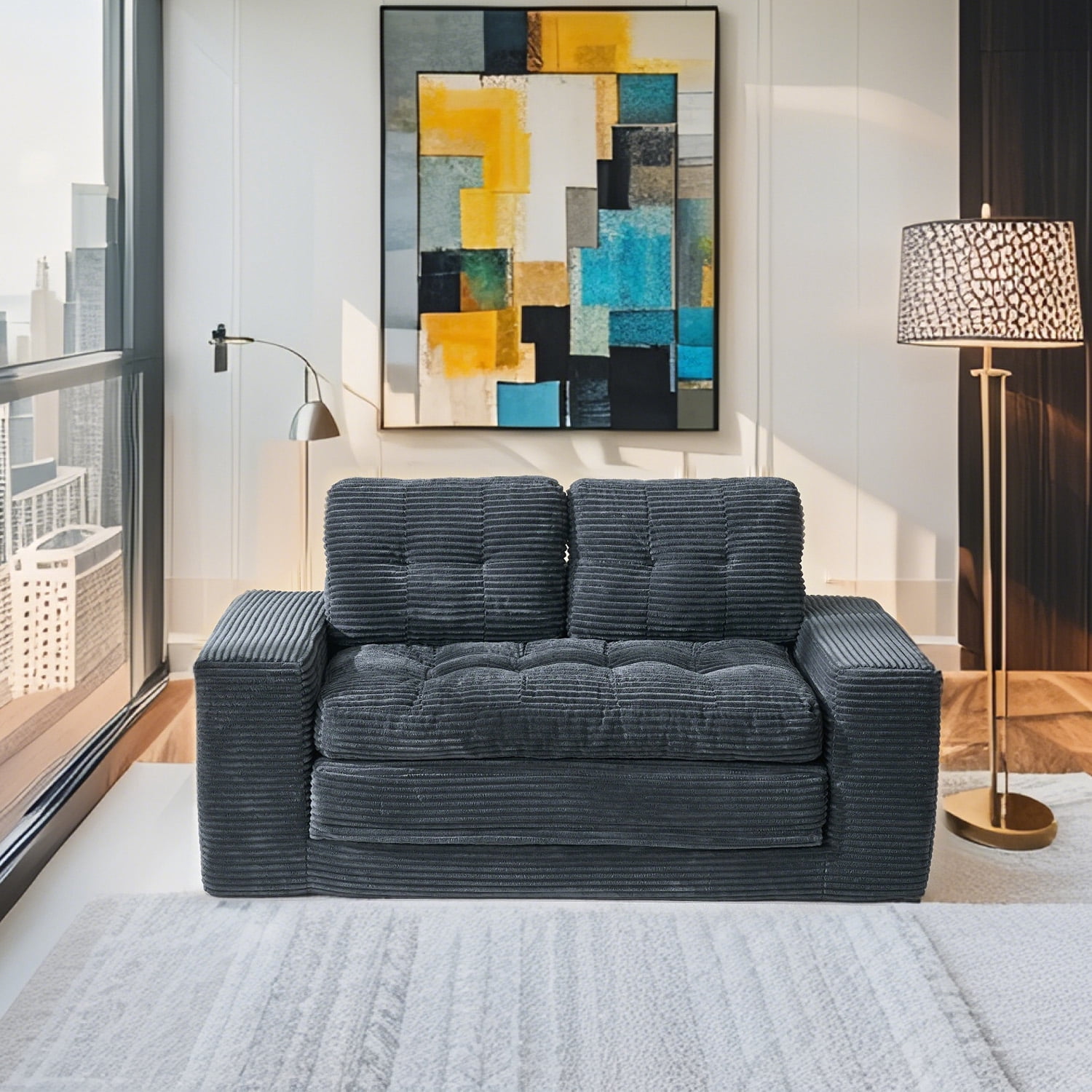 Leumius Futon Sofa Bed,2-in-1 Folding Sofa Bed with Memory Foam & Steel Frame,Corduroy Fabric Boneless Floor Sofa for Small Spaces, Apartments, Home Office & Bedroom,Black