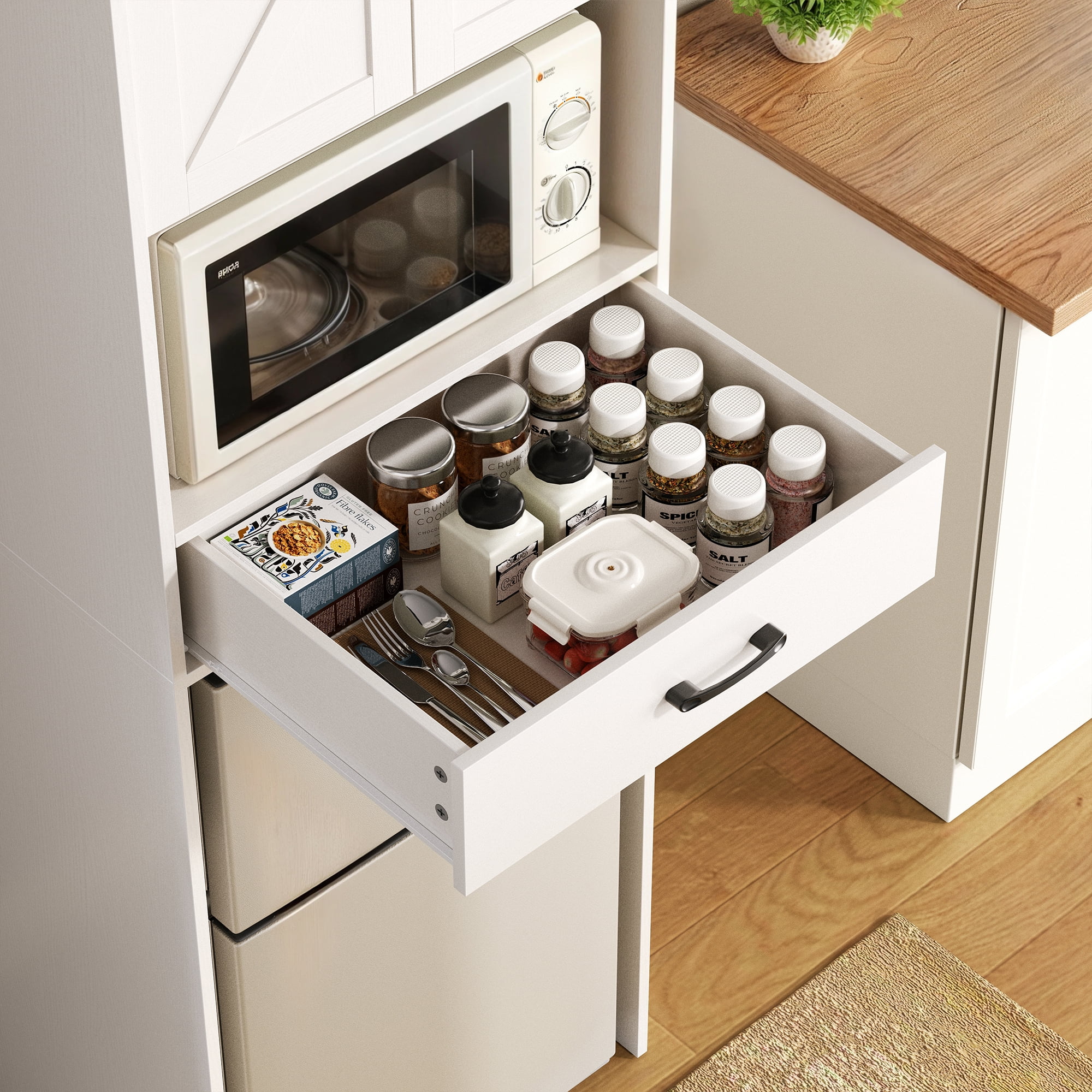 Herture Mini Fridge Stand with Storage and Power Outlet, Coffee Bar Cabinet with Microwave Shelf, – Fits Most Mini Fridges and Wine Coolers, for Dorm, Kitchen, or Office White KH03MRW