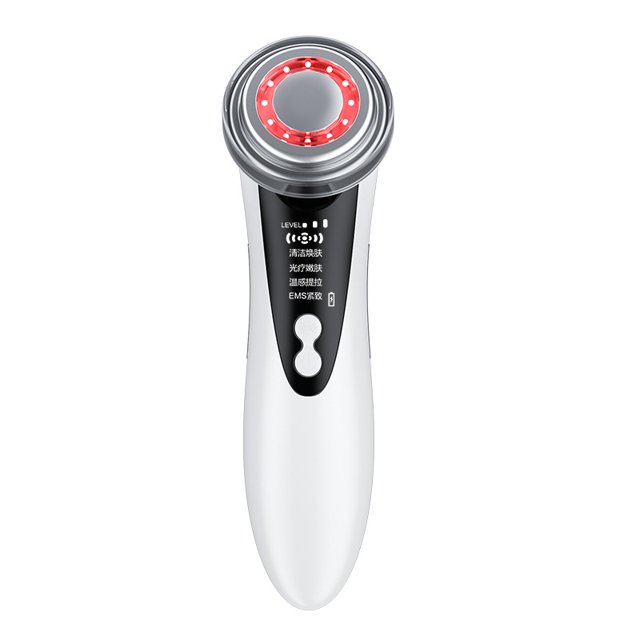 instrumento de guía para rejuvenecimiento de la piel con luz de color cálida para el hogar, masajeador de vibración facial, instrumento electrónico de belleza facial, dispositivo blanco con pantalla LED; vista frontal centrada, cabezal circular con anillo de LEDs cálidos encendidos, mango ergonómico curvado, panel frontal negro con iconos y dos botones, superficie lisa, fondo blanco. Adecuado para masaje facial y cuidado de la piel en casa; también suele usarse para relajar la zona del cuello.