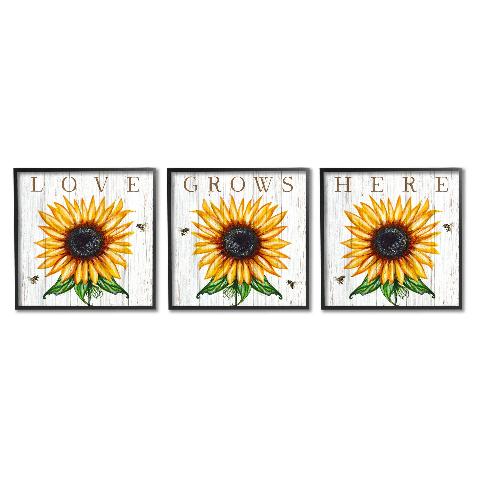 Stupell Industries Love Grows Here Phrase Yellow Sunflowers Honey Bees, 17 x 17,Design by Elizabeth Tyndall