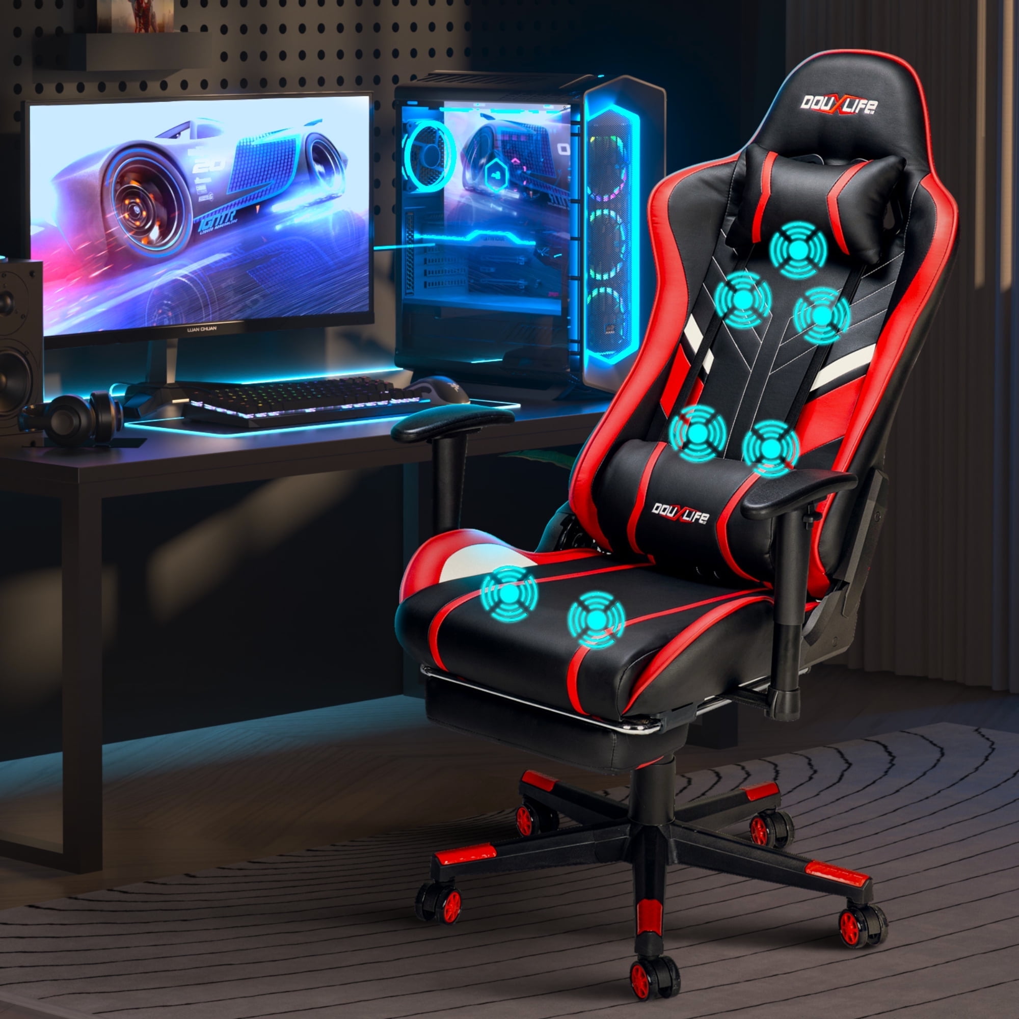 Douxlife 7-Point Massage Gaming Chair with Footrest, 175° Reclining, Ergonomic Racing High Back Home Office Computer Chair, Video Game Chair for Adults Kids