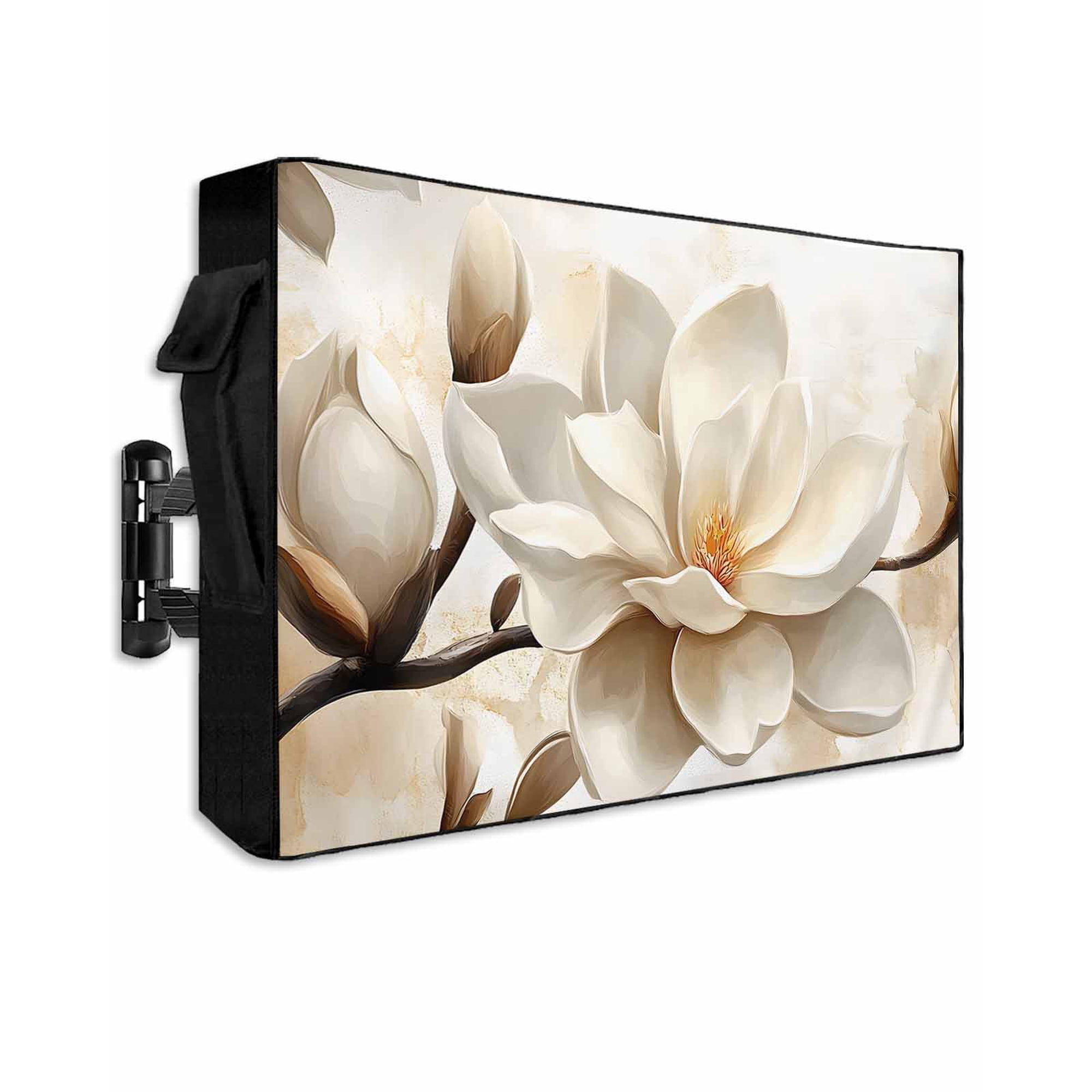 Outdoor TV Cover 70 to 75 Inch Weatherproof, White Vintage Magnolia Flowers Waterproof TV Screen Protector for Outside Decor with Zipper and Pocket 68"L x 42"H , Rustic Floral Botanical