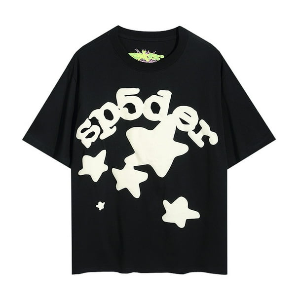 Sp5der cantante de hip-hop Young Thug mismo estilo letras de espuma 555555 pareja camiseta rosa de manga corta6009# negro