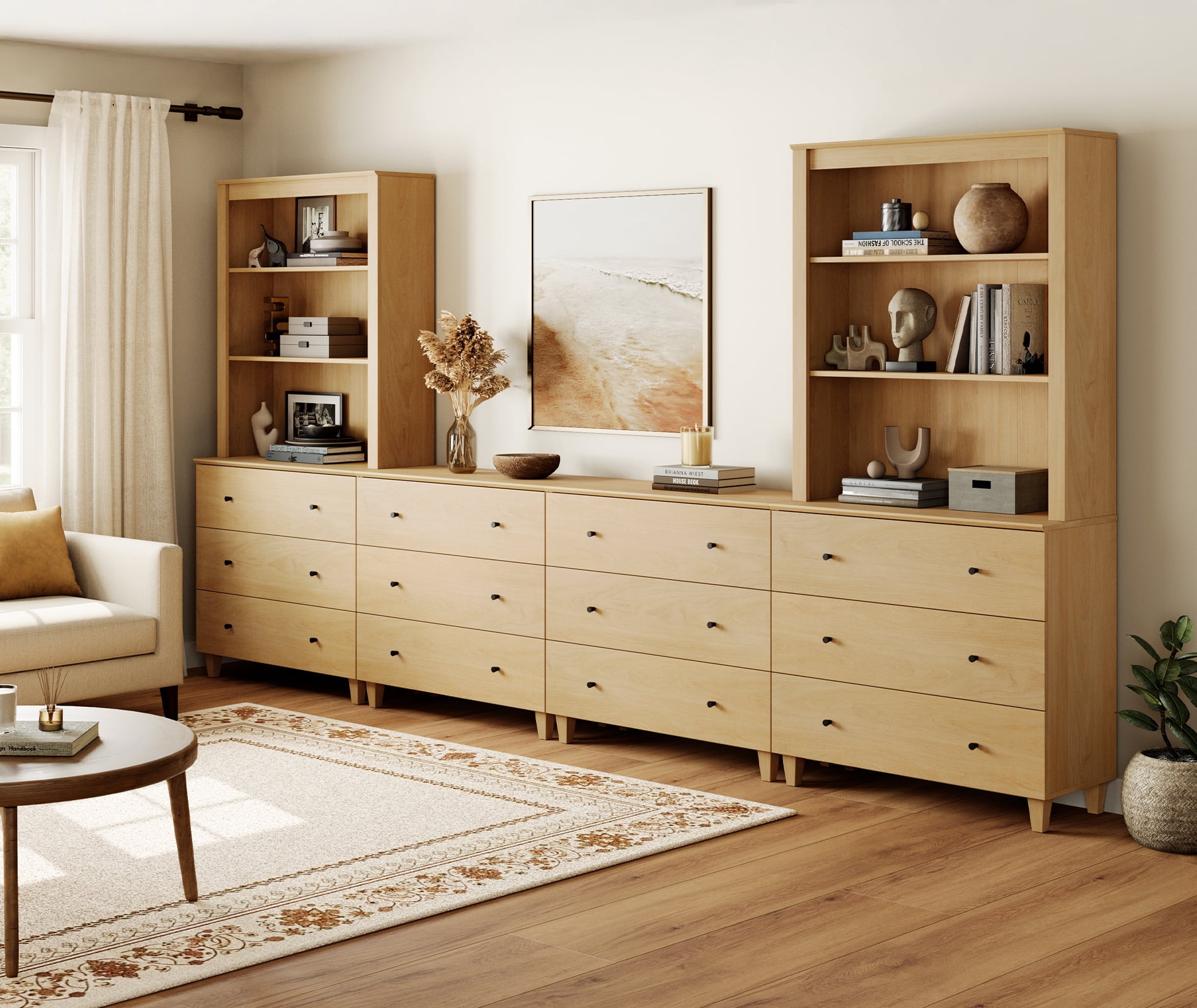 Modern Entertainment Center for 75 Inches TVs with Bookshelves & Drawers,Oak