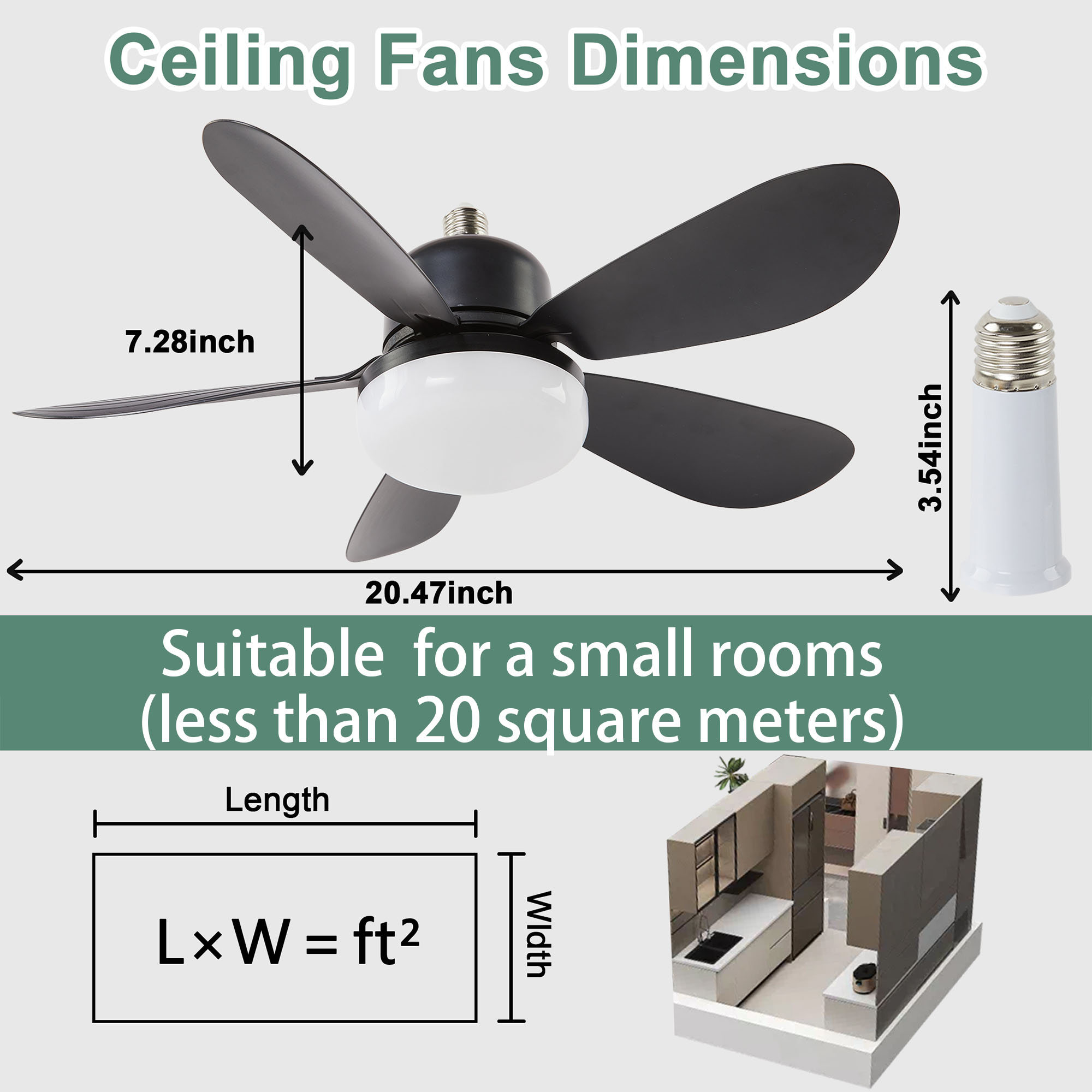 LOFTER-Pro Socket Fans with Lights,20.5 inch Low Profile Ceiling Fan and Remote Control Modern Flush Mount Black Ceiling Fans,Dimmable 3 Colors,3 Speeds,5 Blades for Small Bedroom,Small Kitchen