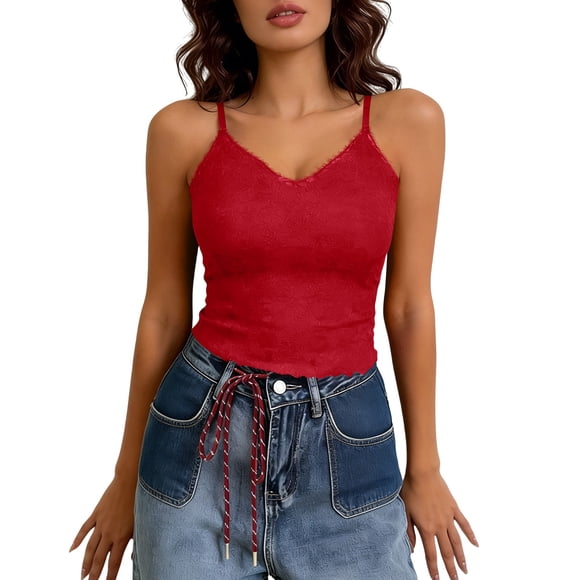 VSSSJ Womens Lace Tank Top V Neck Padded Camisole Tops Spaghetti Straps Sleeveless Summer Basic Cami Shirt Going Out Crop Tops Red L