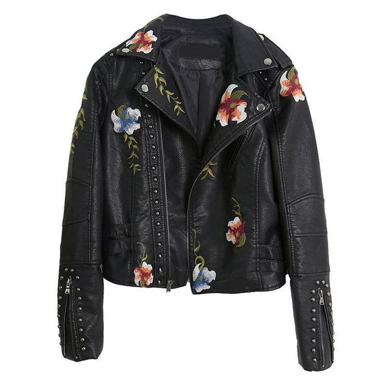 floral black leather jacket