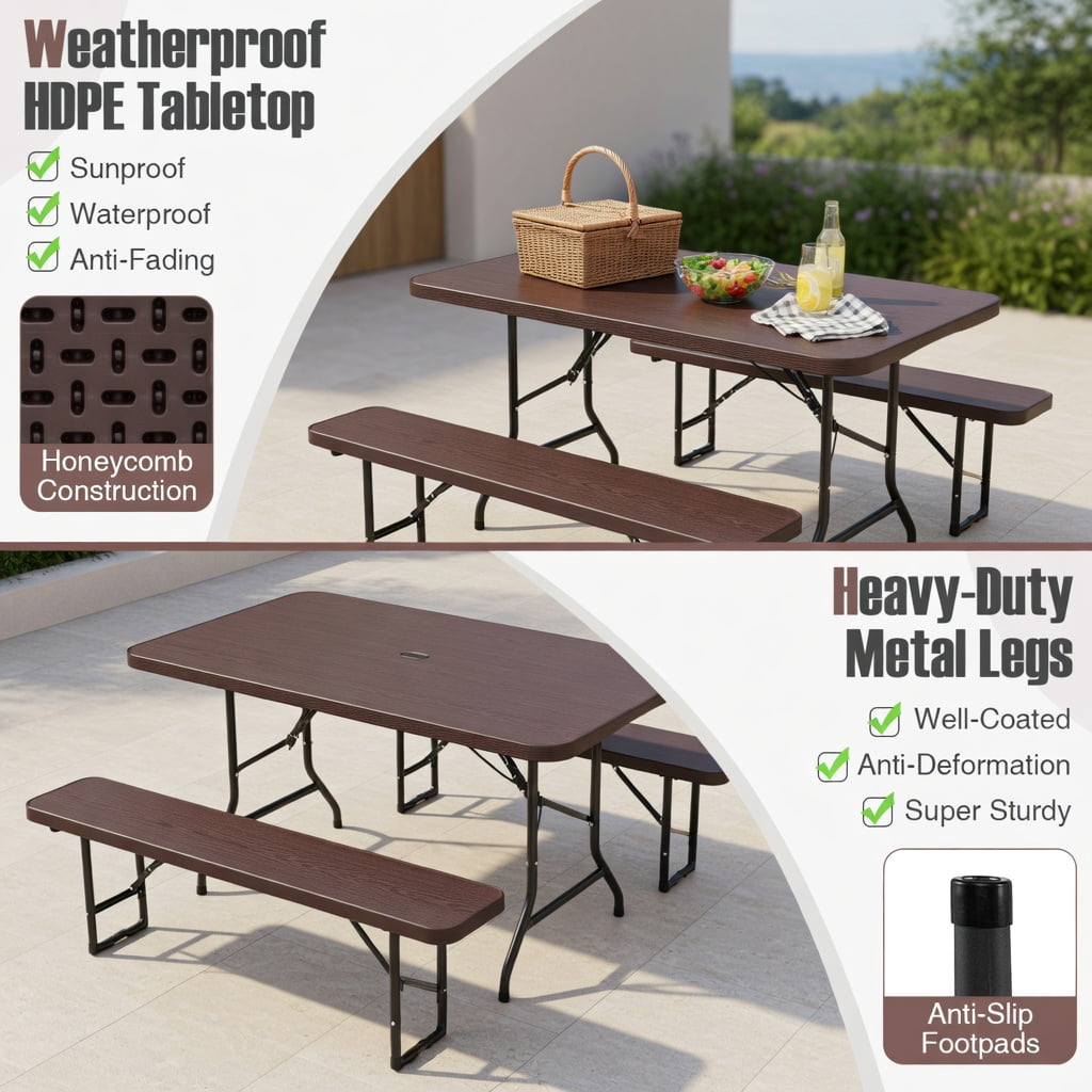 Hommoo 6 ft Folding Picnic Table with Weatherproof Wood-Grain HDPE Top, Heavy-Duty Metal Frame, Coffee