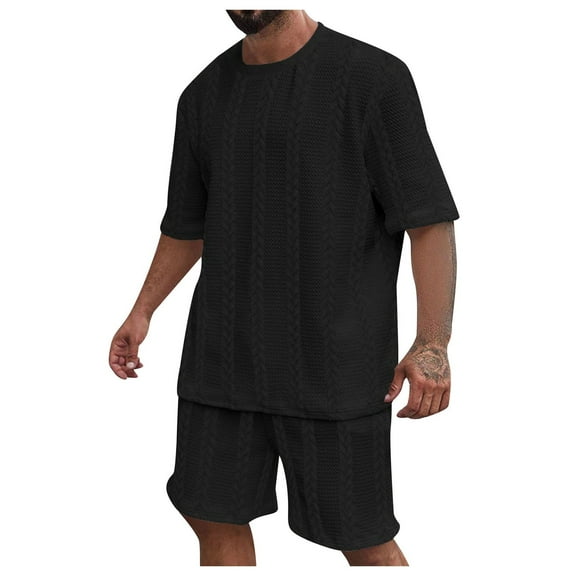 Fauean Mens 2 Piece Outfits Summer Short Sleeve Casual Shorts Suit Versatile Daily Wear Black Size S