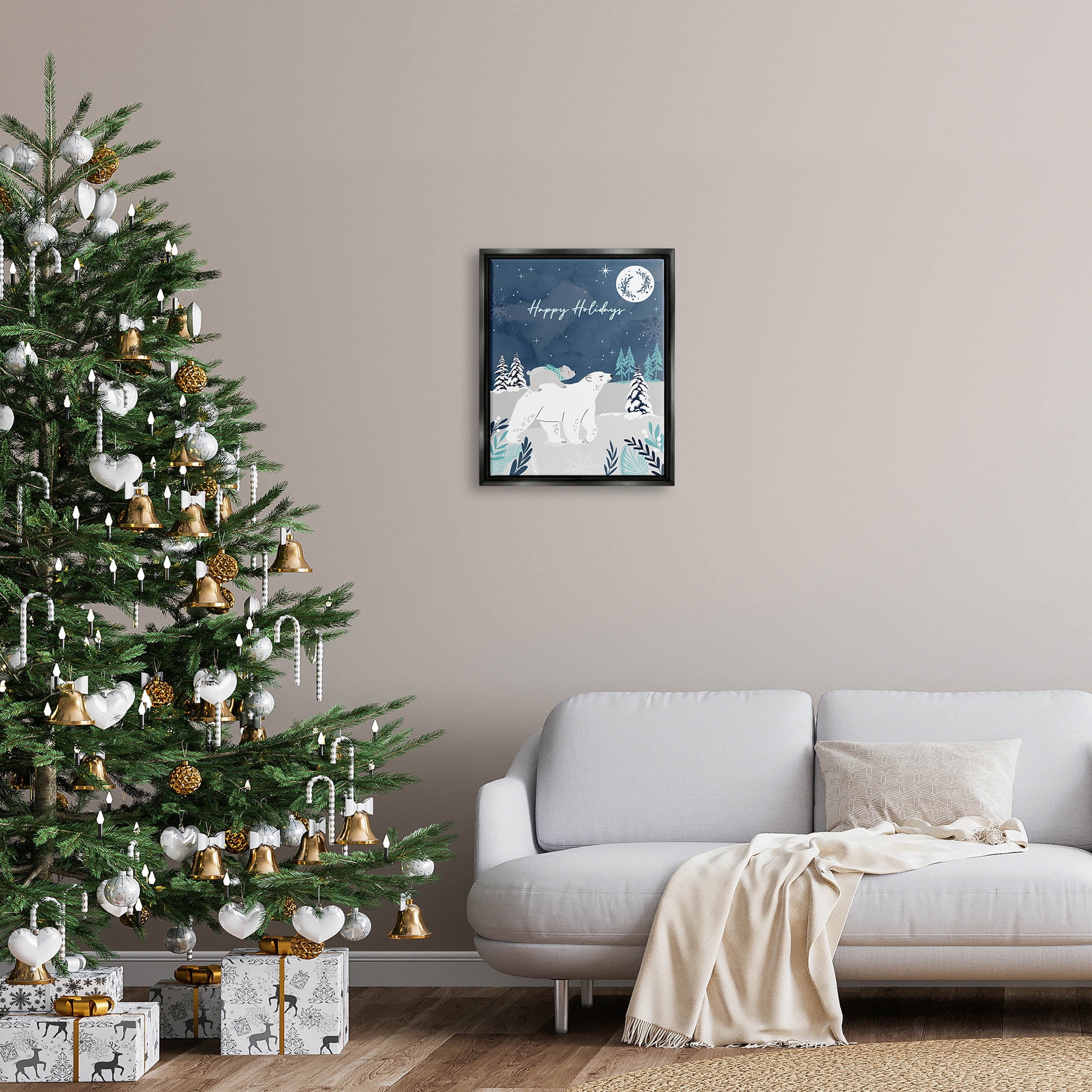 Happy Holidays Winter Snow Bears Holiday Graphic Art Jet Black Framed Art Print Wall Art