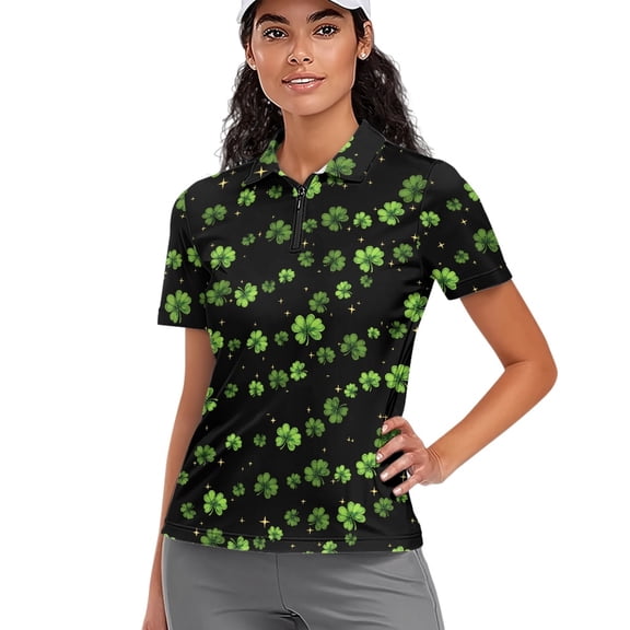 Whosucclay Lucky Clover Pattern Athletic Shirt, Half-Zip Moisture Wicking Elastic Polo Shirts for Tennis Golf Sport Lightweight Size Large