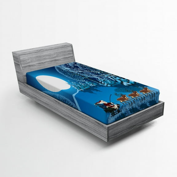 Christmas Fitted Sheet, Santa in Sleigh a Night with Full Moon in the Sky Snowy Winter Xmas Theme Print, Soft Decorative Fabric Bedding, Twin XL Size, Navy Blue, by Ambesonne