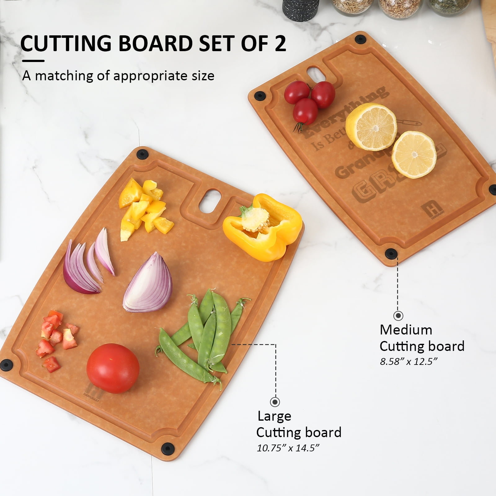 Hansmart Eco-Friendly 2 Pack Cutting Boards with Juice Grooves and Handles - Medium & Large