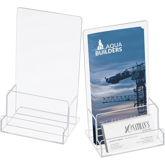 2 Pack Brochure Holder with Business Card Holder for Desk, Acrylic Brochure Card Flyer Display Stand 4'' Clear Plastic Counter Display Stand for Vendors Business Events Trade Show, Store Marketing