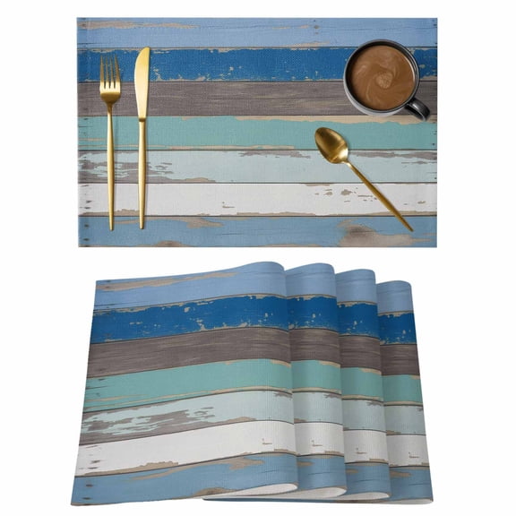 Blue Wooden Plank Placemats Set of 12, Retro Farmhouse Horizontal Stripes Plank Placemats for Dining Table, Place Mats for Kitchen Tabletop, Waterproof Wipeable Dining Table Mats Set