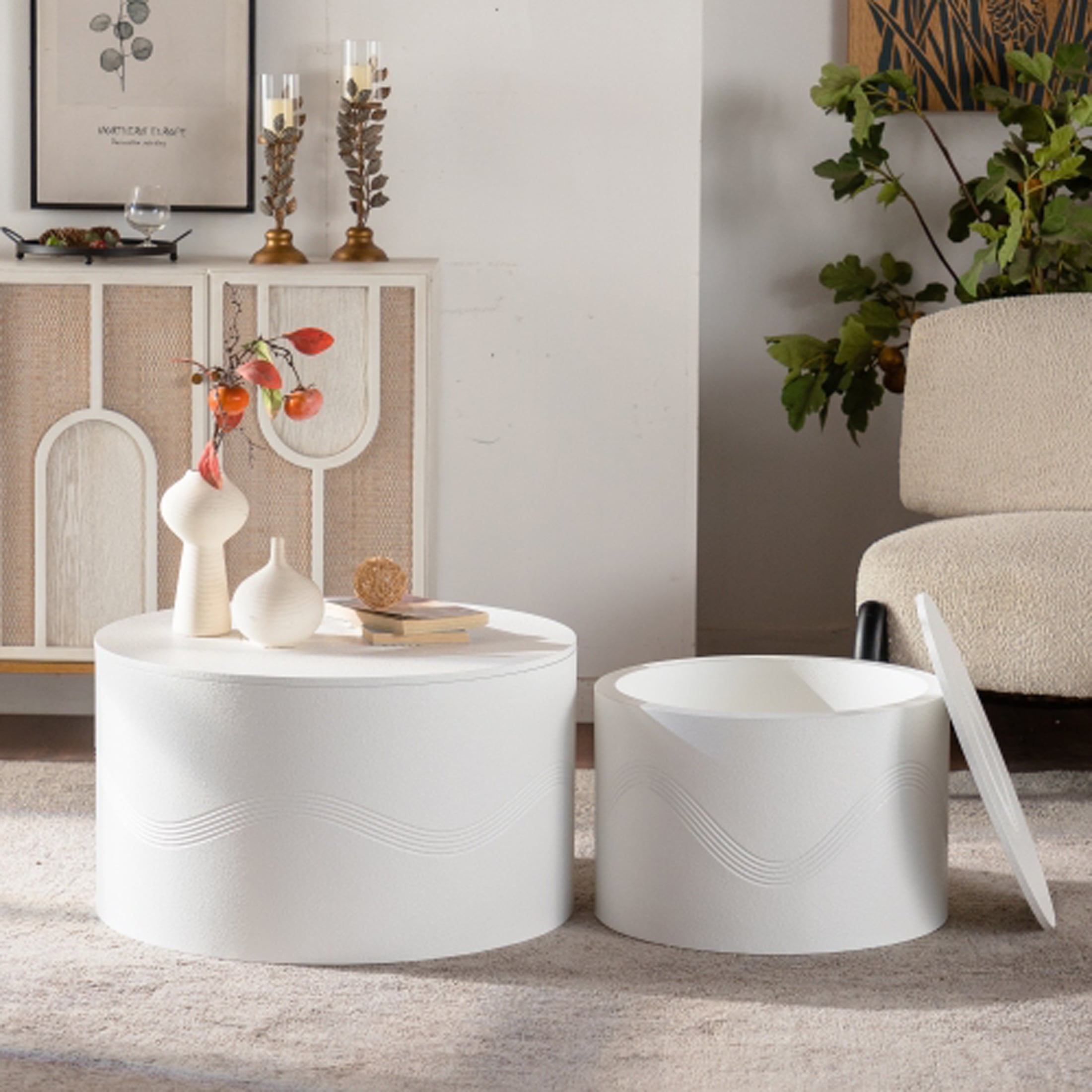 Kevinplus Round Coffee Table Set of 2 with Hidden Storage, End Table for Living Room, Apartment, No Need Assembly, White