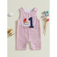 thumbnail image 4 of RUINIXCW Baby Boy Girl First Birthday Outfit 1 Years Old Birthday Clothes Summer Fall Romper Overalls Cake Embroidery Striped Sleeveless Jumpsuit Playsuit, 4 of 9