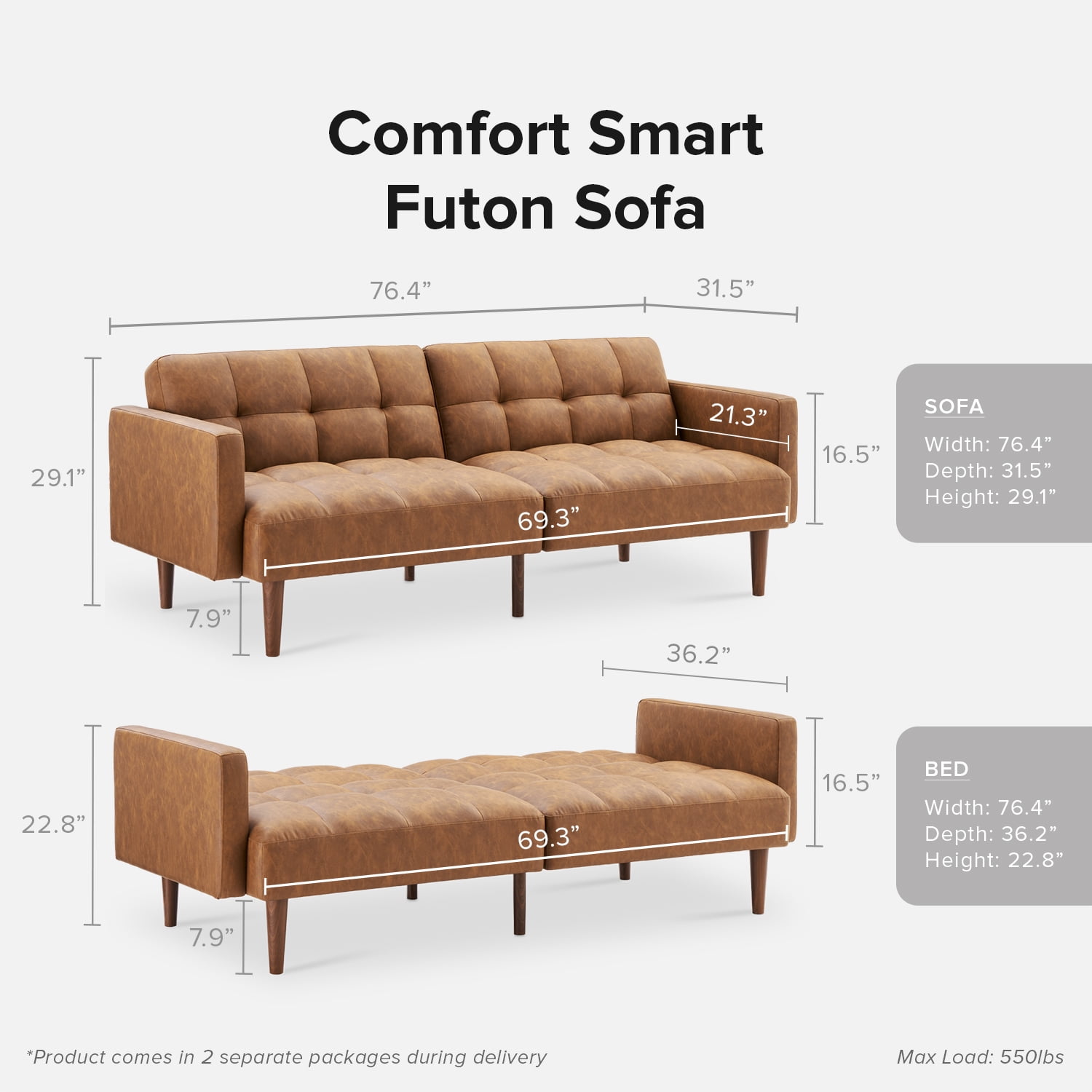 Mopio Aaron Mid Century Modern Faux Leather Convertible Futon, Tufted ...