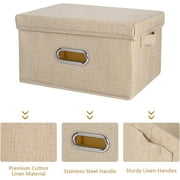 Collapsible Fabric Storage Bin With Handle Lid Foldable Box Linen Large Container Organizer For Home Clothes Storage, Khaki