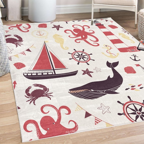 Nautical Decorative Rug, Pastel Colored Composition of Lighthouse Sailboat Fish Shells Octopus, Quality Carpet for Bedroom Dorm and Living Room, 6 Sizes, Dark Coral and Plum, by Ambesonne