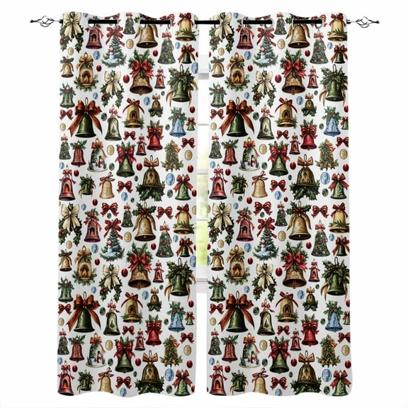Christmas Bells Blackout Curtains | Light Blocking Print Window Curtains, Xmas Snowflake Snowman Botanical Thermal Insulated Window Drapes for Living Room Kitchen Cafe (2 Panels, 104"W x 84"L)