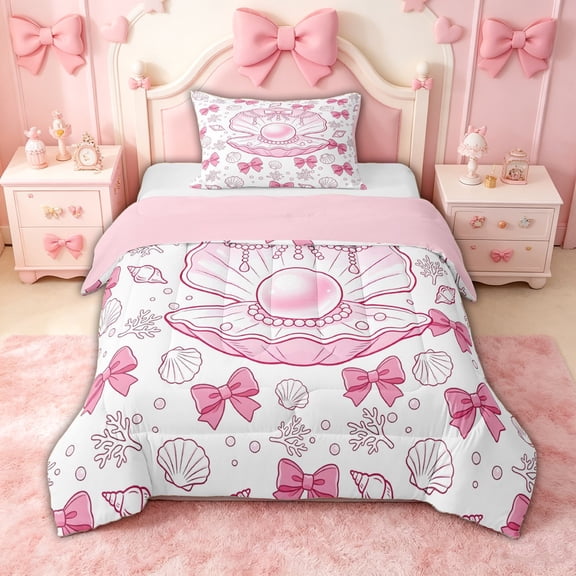 spefrowx Cute Pearl Shell Twin Comforter Sets for Kids, Pink Princess Bow Coral Bedding Set, Pink Reversible, 2 Pieces, 1 Comforter and 1 Pillowcase