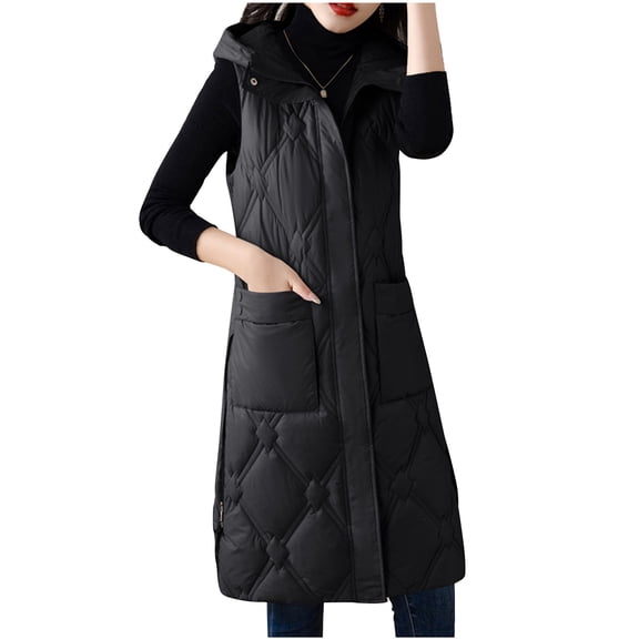 NARABB Women's Sleeveless Vest Jacket Warm Pocket Hooded Coat Long Jacket Winter Sleeveless Down Parkas Outdoor Warm Coat Black-XXXXL