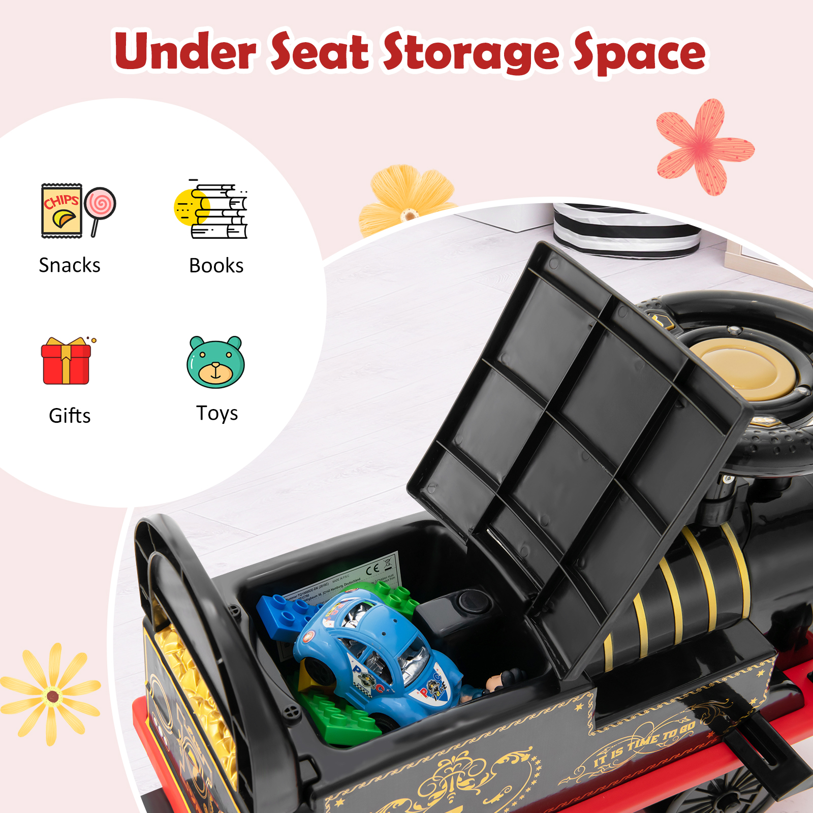 GYMAX 6V Kids Ride-On Train With Tracks – Battery Powered Toy Car With Music & Lights For Toddlers 18M+