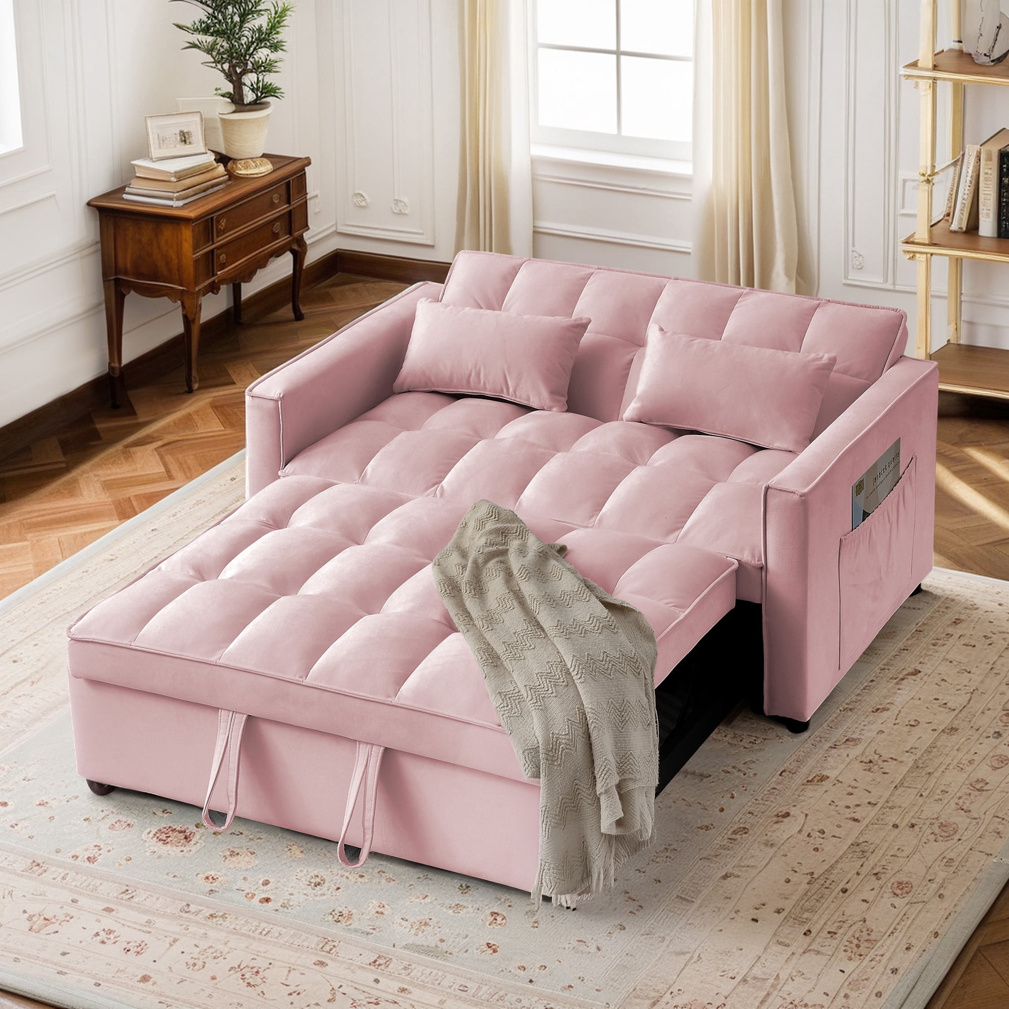 Lunale 55" Convertible Loveseat Sleeper, Tufted Pull Out Sofa Bed for Living Room, Pink Velvet