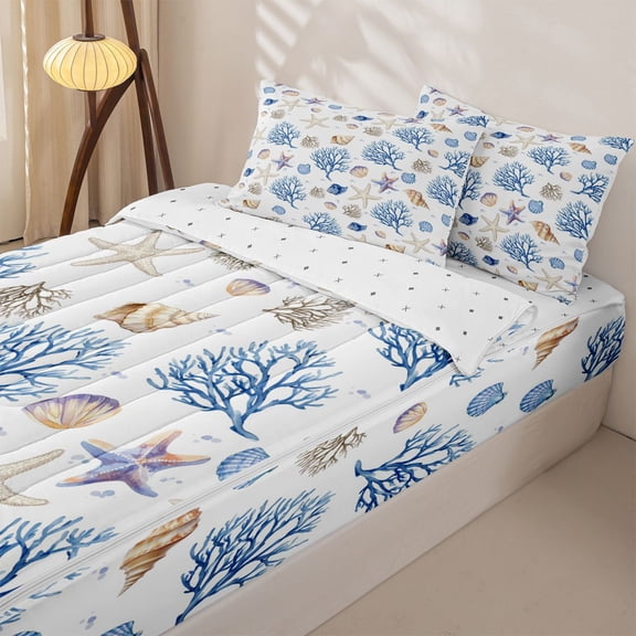 Manfei Watercolor White Seashell Starfish Coral Zipper Twin Comforter Sets with Fitted Sheet and 2 Pillowcases for Kids Boys and Girls, Marine Life Print Zipper Bedding Set, Reversible, 4 Pieces