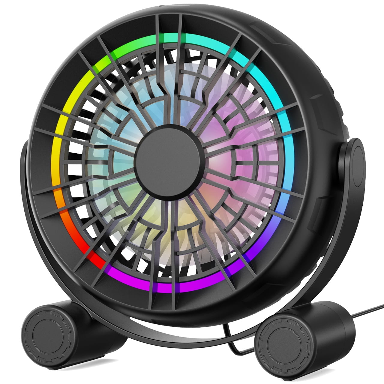 VOCOO USB RGB Desk Fan with 4.9ft Cable, Portable Cooling Personal Quiet Fan, 3 Strong Speeds, 8-Color LED Lights, 360° Rotate Adjustable, for Home Office Desktop Bedroom