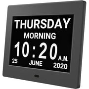 Calendrier numérique réveil jour – avec grand écran de 20,3 cm, am pm, 5 alarmes, horloges de démence pour les personnes souffrant de la maladie d'Alzheimer, les personnes âgées, les personnes âgées, les pertes de mémoire, pour bureau, montage mural (noir).