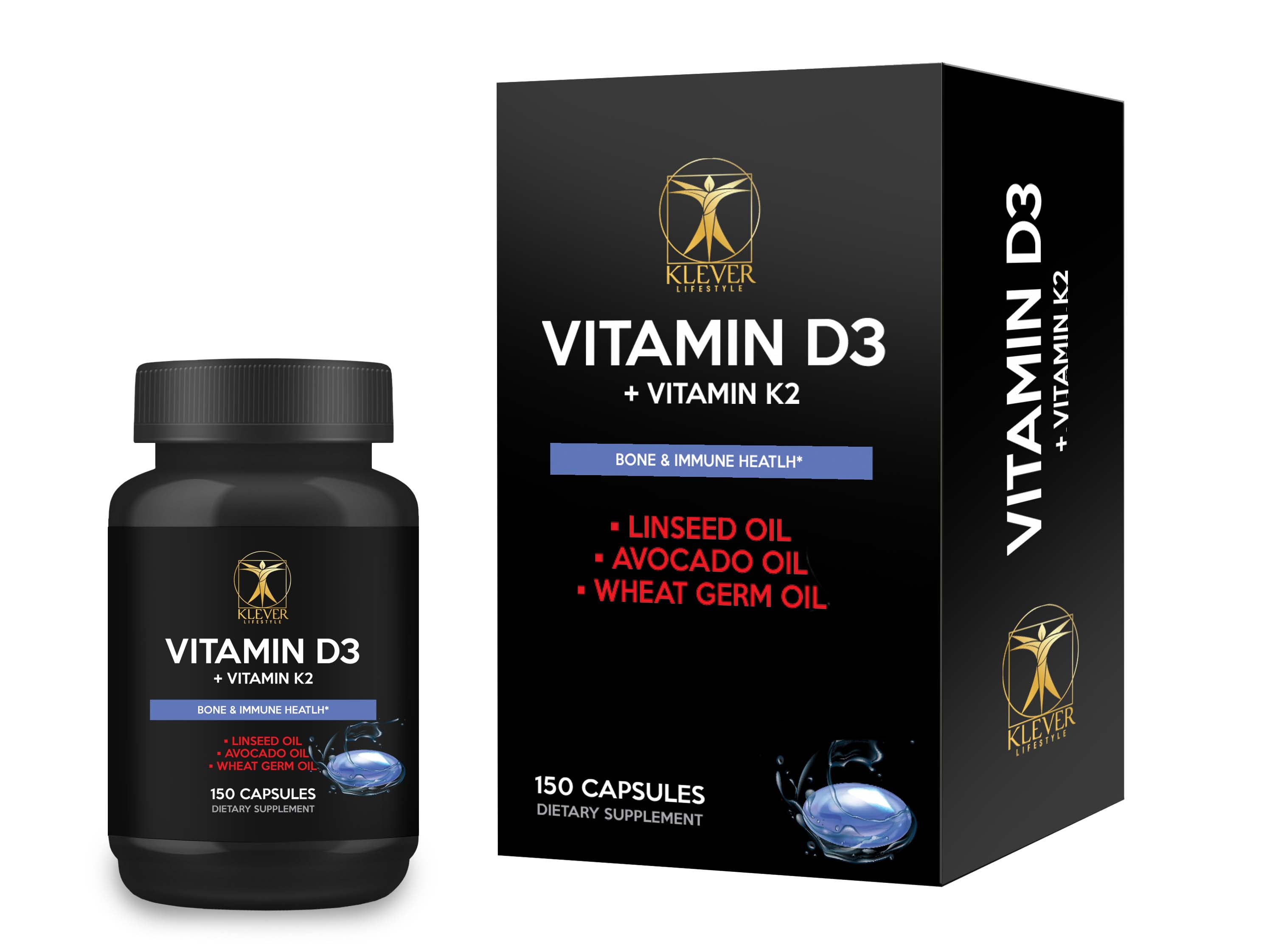 Klever Lifestyle Vitamin D3 + Vitamin K2 Supplement 150 Capsules