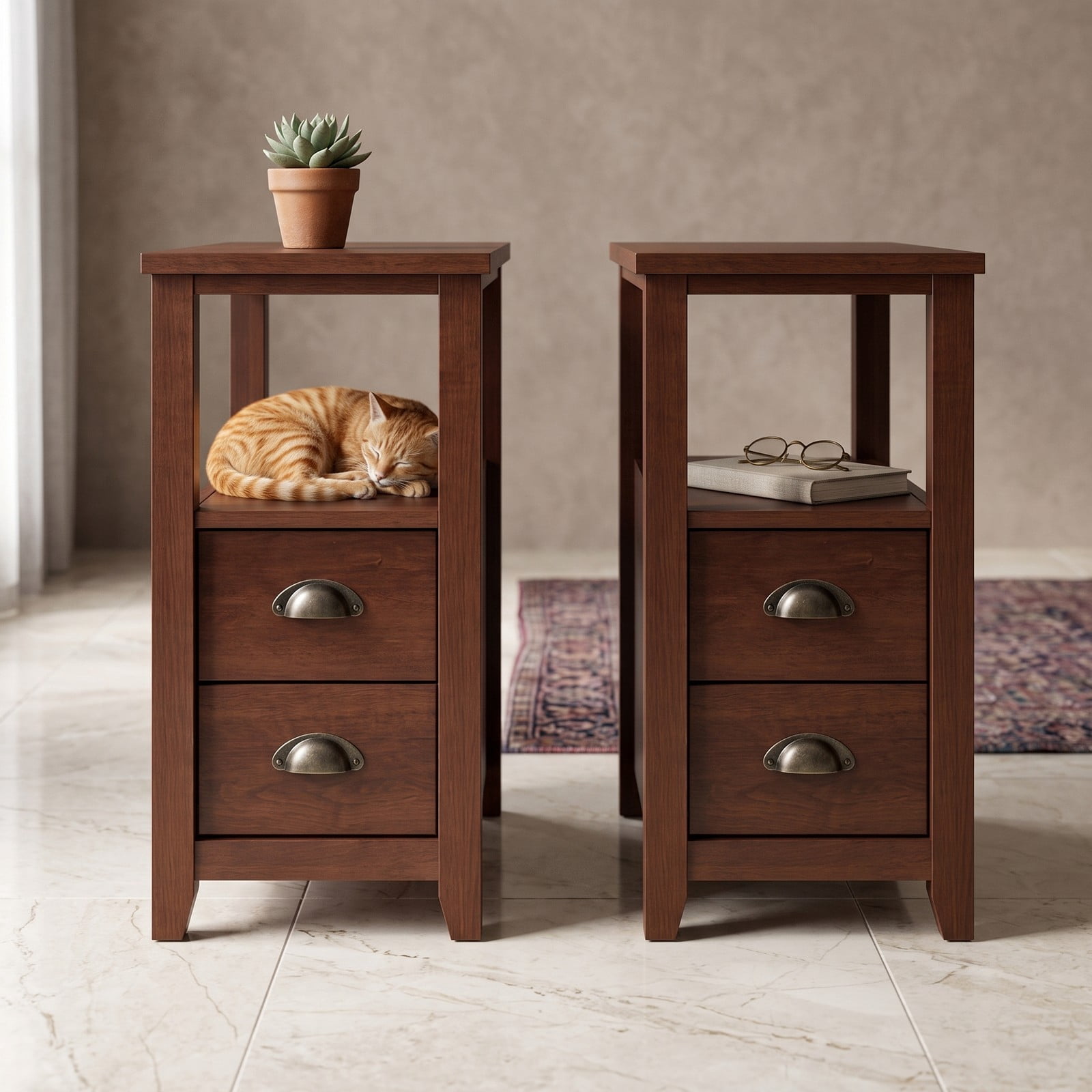 Furnibear Set of 2 Narrow Nightstands with 2 Drawers and Open Shelf Wooden Bedside End Tables for the Bedroom Set, Brown