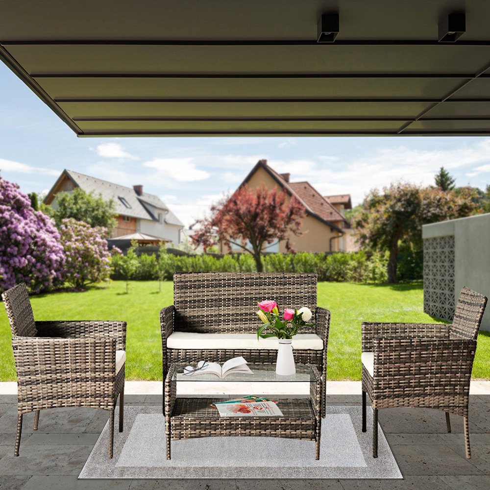 4 Piece Wicker Patio Furniture, PE Rattan Outdoor Furniture Sets, Lawn