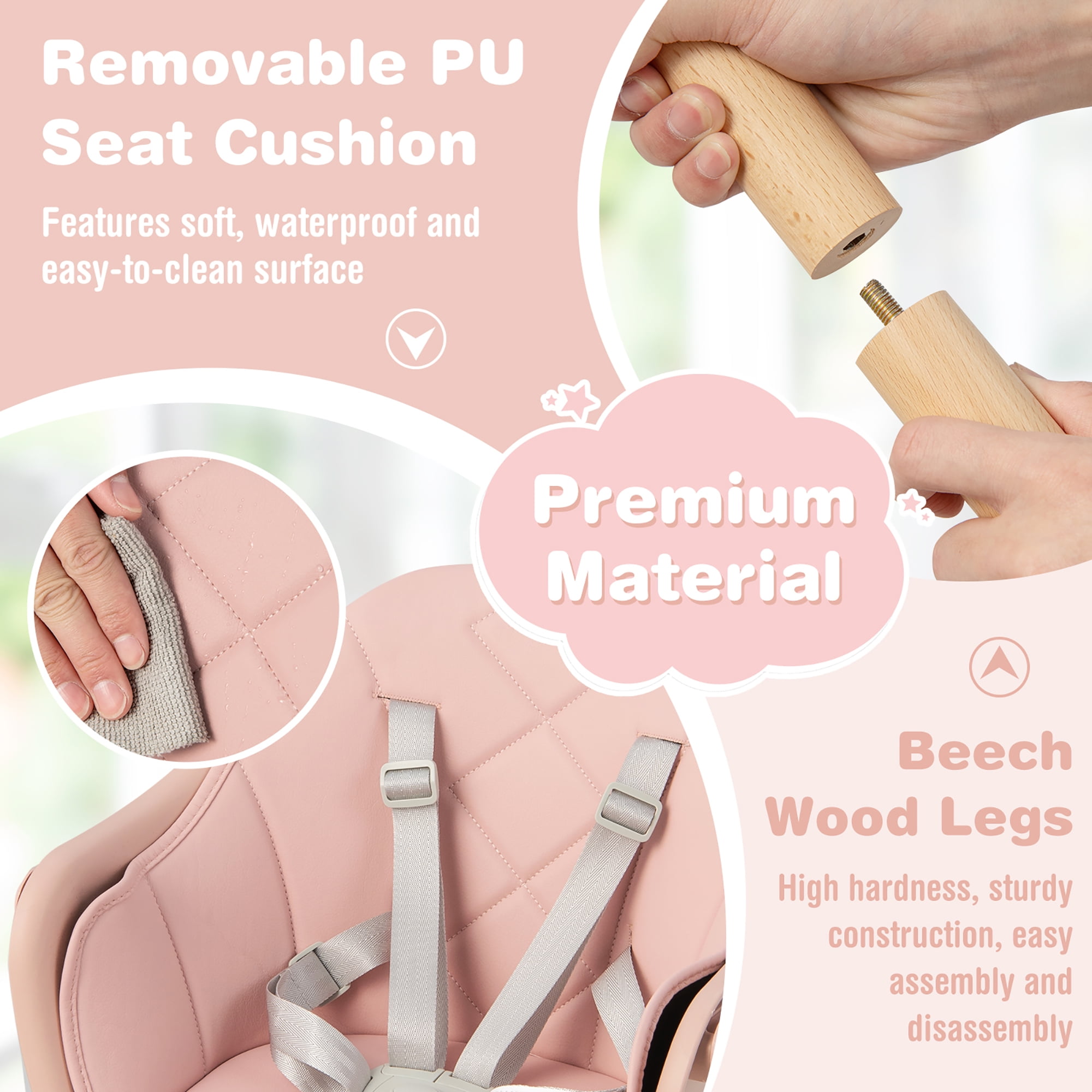 Costway 6-in-1 Convertible Wooden Baby Highchair Infant Feeding Chair with Removable Tray Pink