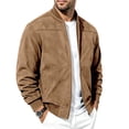 thumbnail image 3 of FRSASU Men's Faux Suede Bomber Jacket Zip‑Up Ribbed Collar Casual Lightweight Outerwear with Side Pockets Beige, 3 of 8