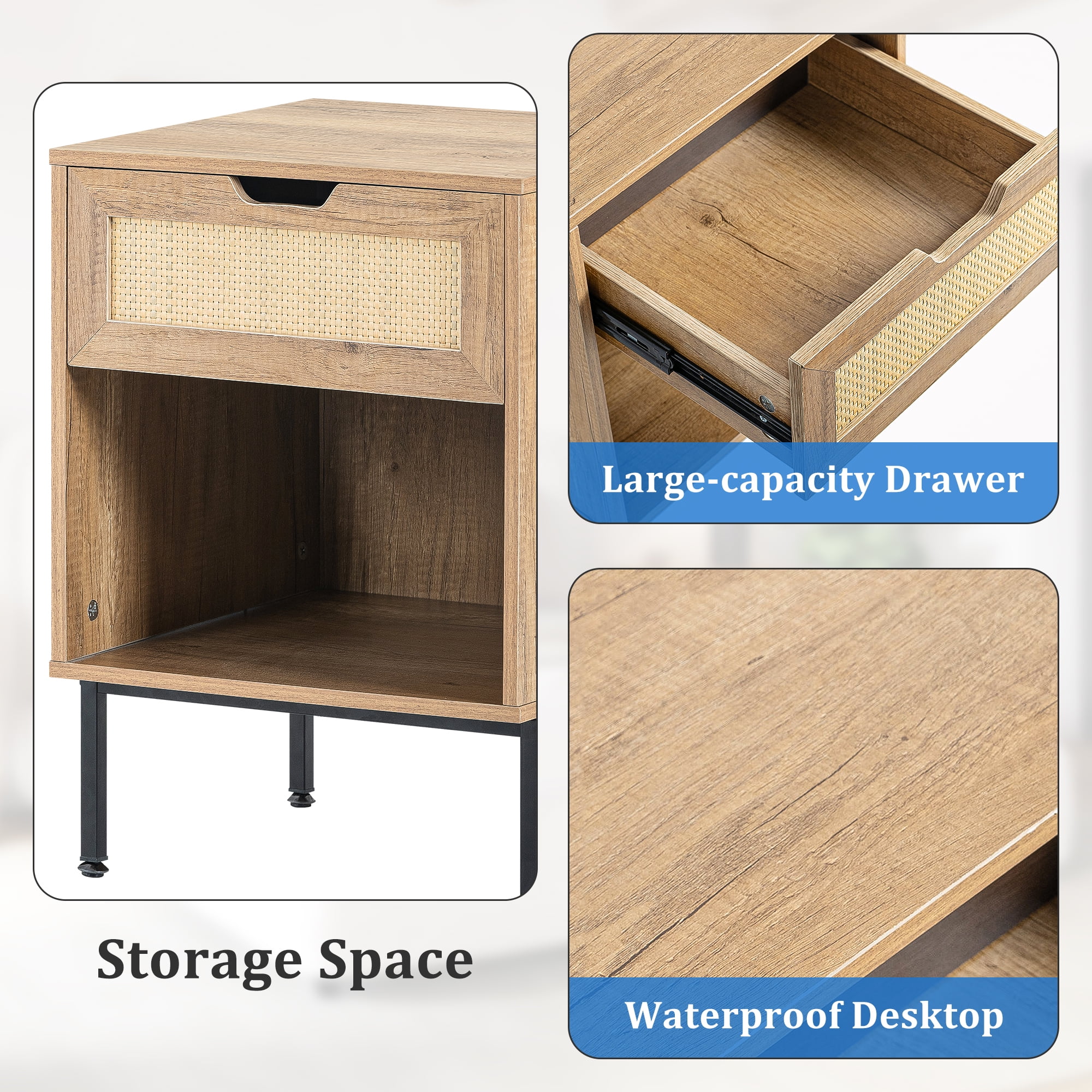 Kadyn Rattan Nightstand, Natural Bedside Table with Drawers and Open Shelves for Bedroom Kadyn Rattan Nightstand, Natural Bedside Table with Drawers and Open Shelves for Bedroom