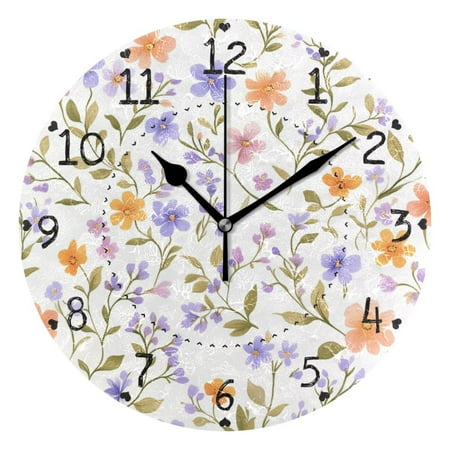 Lavender Orange Tiny Flowers Leaves Round Wall Clock Silent Analog Battery Operated Black Pointer Home Decor 9.84 Diameter