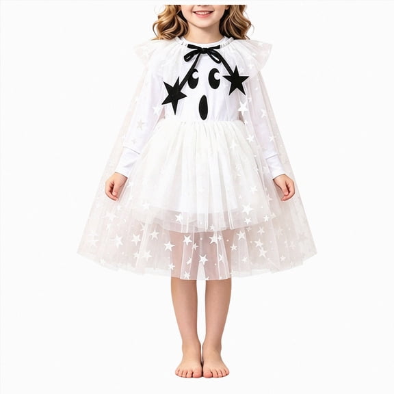 xaweyi Toddler Girls White Cute Ghost Cosplay Outfit Long Sleeve Layered Tulle Party Dress with Star Cape