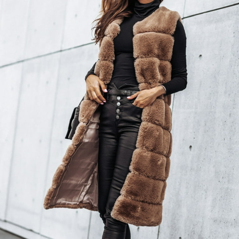 HoWD Women Vest Solid Color Round Neck Faux Fur Thick Crew Neck Outerwear  for Daily Wear