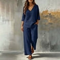 thumbnail image 2 of Zynoxe Womens Plus Size Two Piece Sets Cotton Linen V-neck Top Wide Leg Pants Summer Outfits Peasant Gauze Lounge Sets with PocketsNavyS, 2 of 5