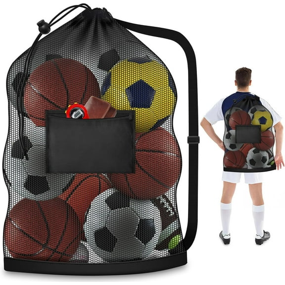 Extra Large Mesh Ball Bag, Heavy Duty Drawstring Storage Bag, 24" x 36" Hold 8-10 Soccer Basketball Volleyball Football, Sports Equipment Sack Net Bags with Shoulder Strap and Pocket for Coaches