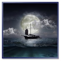 Designart 'The Lake During Full Moon With Fisher Boat' Nautical & Coastal Framed Canvas Wall Art Print