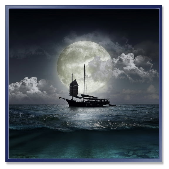 Designart 'The Lake During Full Moon With Fisher Boat' Nautical & Coastal Framed Canvas Wall Art Print