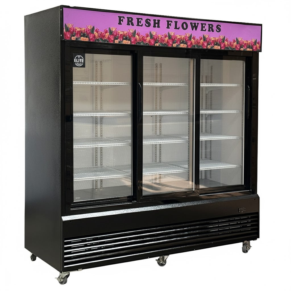 78” 3-Door Commercial Flower Display Refrigerator, 60 Cu.Ft. Floral Cooler, LED Light, Black Exterior, NSF Certified, R290 Eco Refrigerant