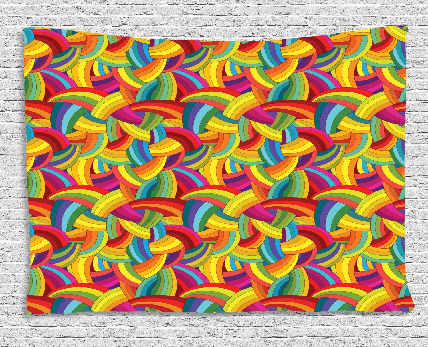 Psychedelic Tapestry, Colorful Rainbow Pattern with Stripes and Curves