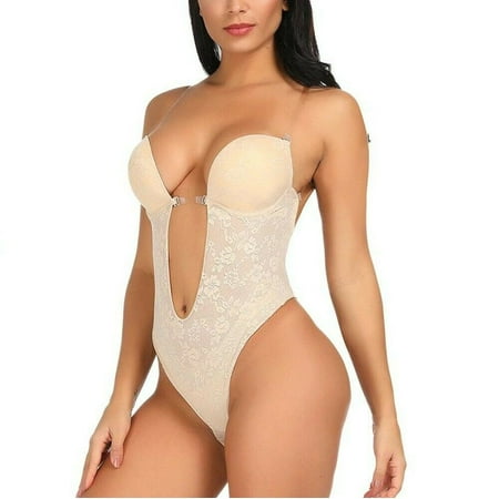

Women s Backless Bodysuit Bra Deep U Plunge Thong Invisible Bra Sheer Lace Shapewear BEIGE L/36